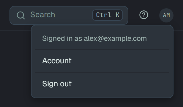 The account menu open under the avatar AM, with Search and the help button beside it: Signed in as alex@example.com, then Account and Sign out.