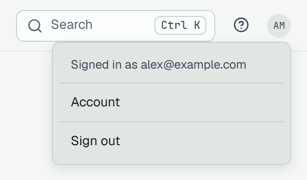 The account menu open under the avatar AM, with Search and the help button beside it: Signed in as alex@example.com, then Account and Sign out.