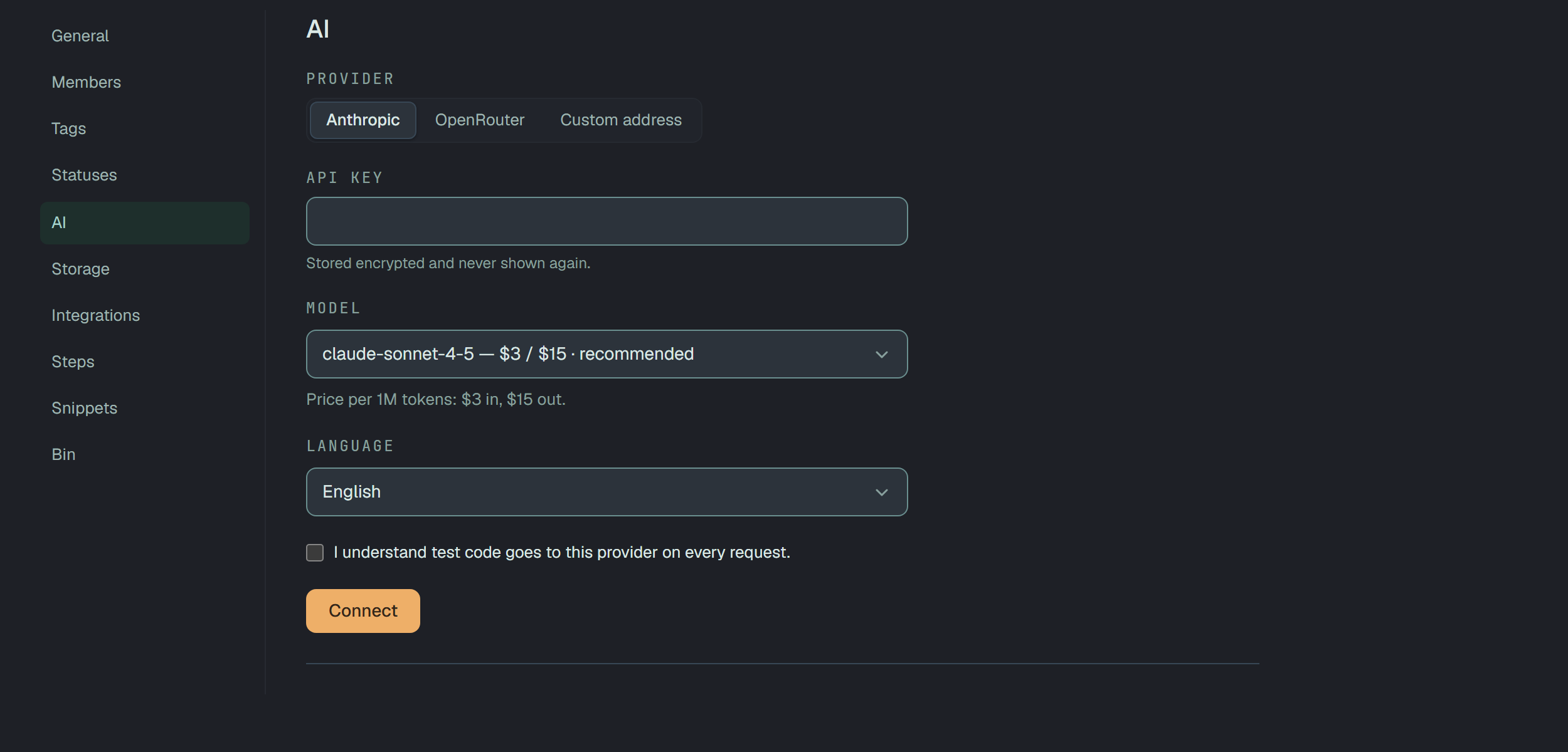 Settings → AI of Webshop before anything is connected: the Provider switch with Anthropic picked, OpenRouter and Custom address beside it; the API key field with the line Stored encrypted and never shown again.; the Model list with claude-sonnet-4-5 — $3 / $15 · recommended and the line Price per 1M tokens: $3 in, $15 out.; the Language list with English; the unticked box I understand test code goes to this provider on every request.; and the Connect button.