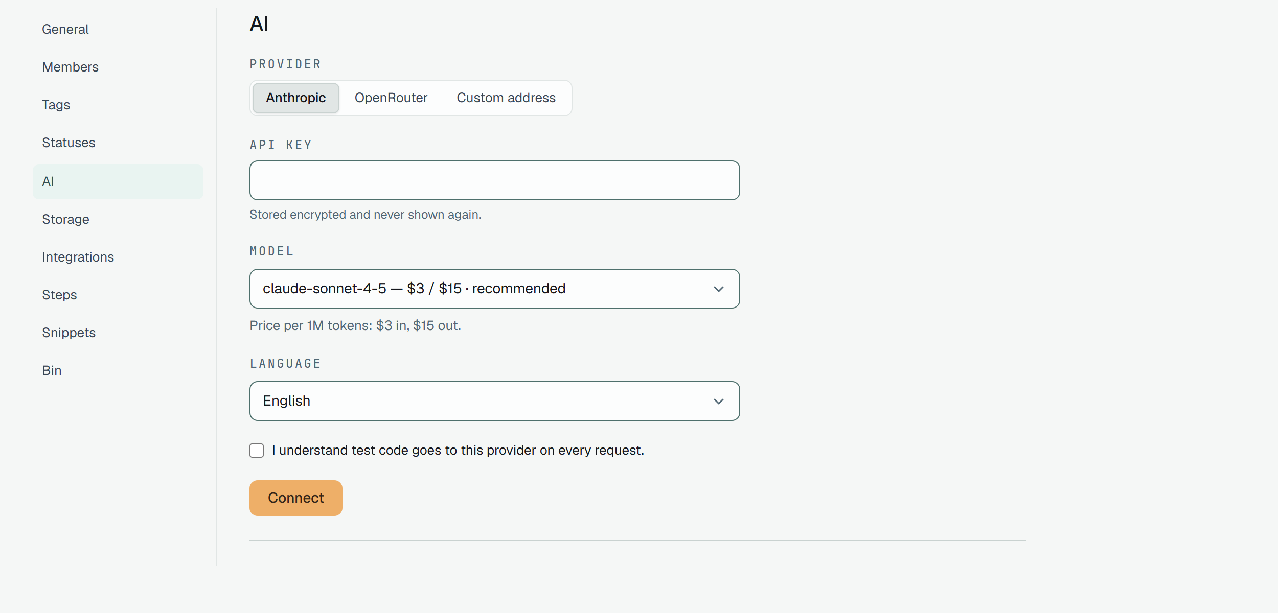 Settings → AI of Webshop before anything is connected: the Provider switch with Anthropic picked, OpenRouter and Custom address beside it; the API key field with the line Stored encrypted and never shown again.; the Model list with claude-sonnet-4-5 — $3 / $15 · recommended and the line Price per 1M tokens: $3 in, $15 out.; the Language list with English; the unticked box I understand test code goes to this provider on every request.; and the Connect button.