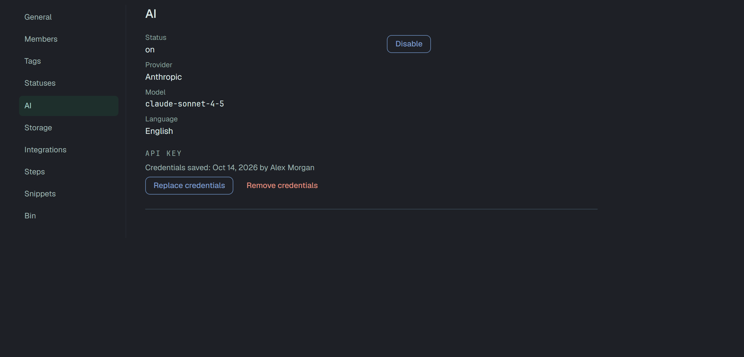 Settings → AI of Webshop after Connect: Status on with a Disable button; Provider Anthropic; Model claude-sonnet-4-5; Language English; API key — Credentials saved with the date, by Alex Morgan — with the buttons Replace credentials and Remove credentials.