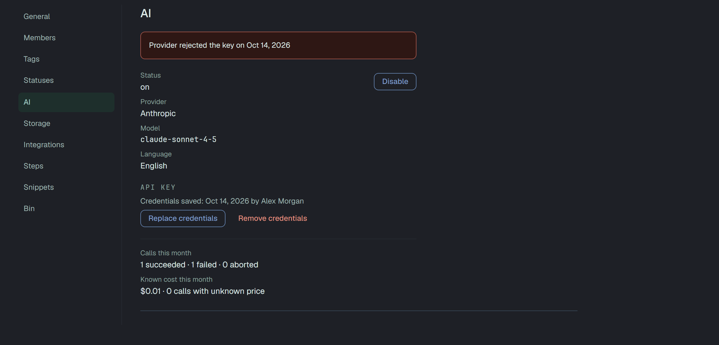 Settings → AI of Webshop with a red notice Provider rejected the key on a date over Status on, Provider Anthropic, Model claude-sonnet-4-5, Language English and the key's actions; under a line, Calls this month 1 succeeded · 1 failed · 0 aborted and Known cost this month $0.01 · 0 calls with unknown price.