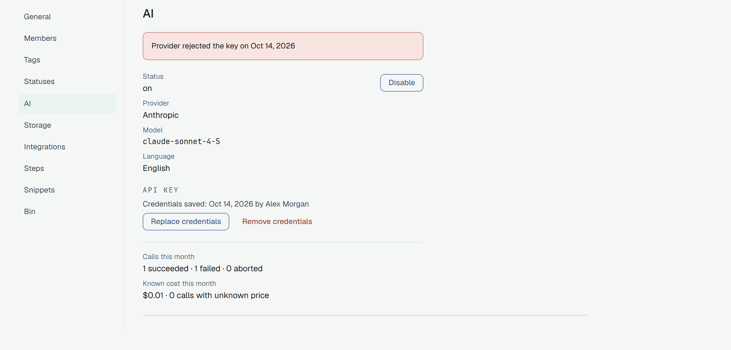 Settings → AI of Webshop with a red notice Provider rejected the key on a date over Status on, Provider Anthropic, Model claude-sonnet-4-5, Language English and the key's actions; under a line, Calls this month 1 succeeded · 1 failed · 0 aborted and Known cost this month $0.01 · 0 calls with unknown price.