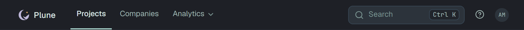 The top bar outside a project: the Plune mark, then Projects, Companies and Analytics on the left; Search with Ctrl K, the help button and the avatar on the right.