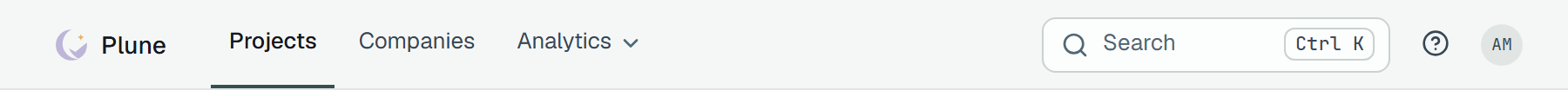 The top bar outside a project: the Plune mark, then Projects, Companies and Analytics on the left; Search with Ctrl K, the help button and the avatar on the right.