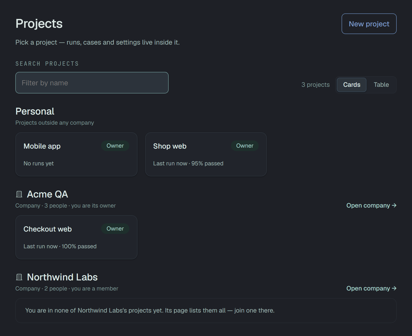 The Projects page in groups: Personal — Projects outside any company — with Mobile app and Shop web; Acme QA — Company · 3 people · you are its owner, and Open company — with Checkout web; Northwind Labs — Company · 2 people · you are a member, and Open company — with the line You are in none of Northwind Labs's projects yet. Its page lists them all — join one there.