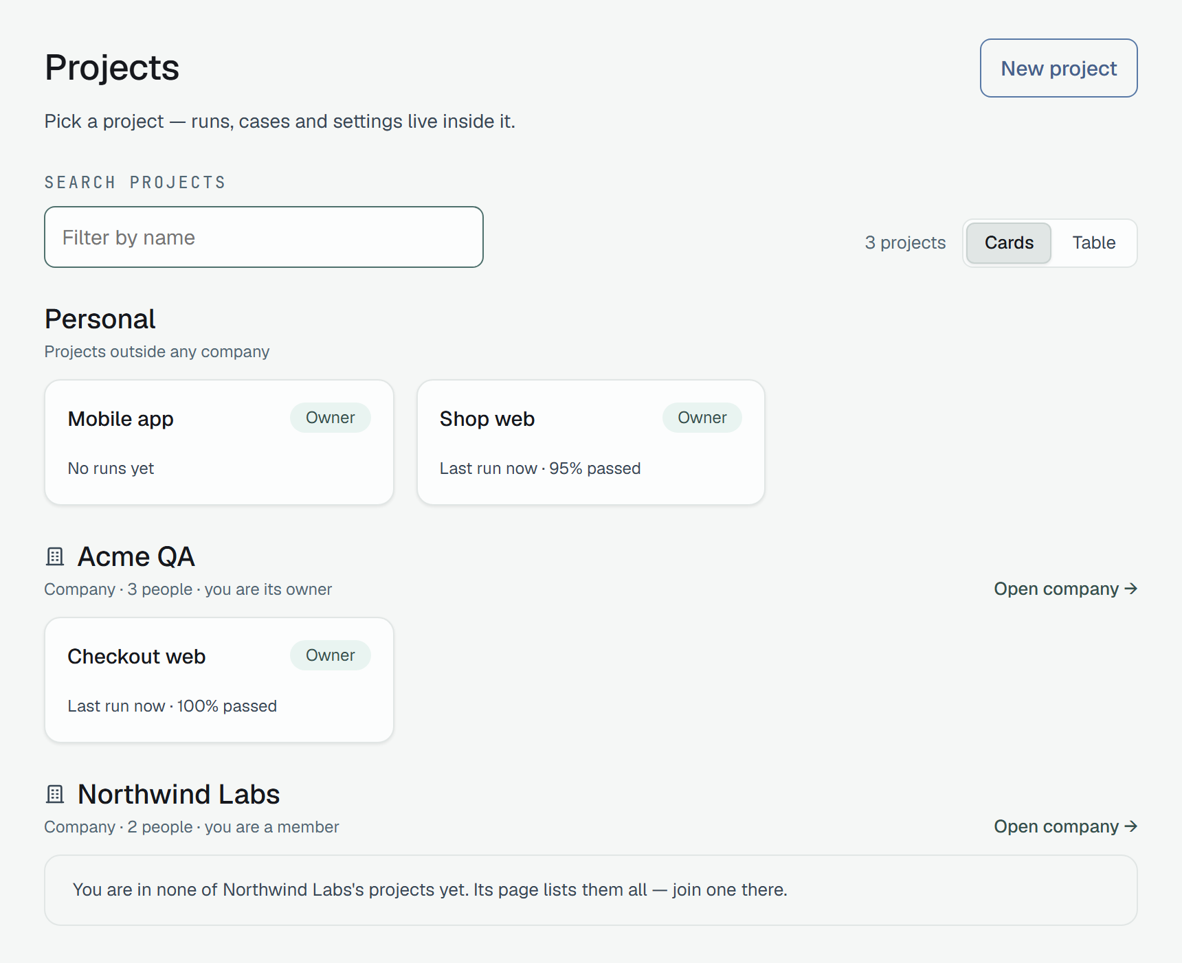 The Projects page in groups: Personal — Projects outside any company — with Mobile app and Shop web; Acme QA — Company · 3 people · you are its owner, and Open company — with Checkout web; Northwind Labs — Company · 2 people · you are a member, and Open company — with the line You are in none of Northwind Labs's projects yet. Its page lists them all — join one there.