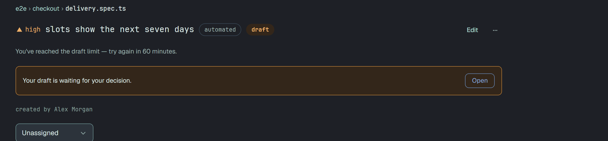 The head of the case page of slots show the next seven days after thirty requests in an hour: the line You've reached the draft limit — try again in 60 minutes. in place of the button, and under it the notice Your draft is waiting for your decision. with Open.
