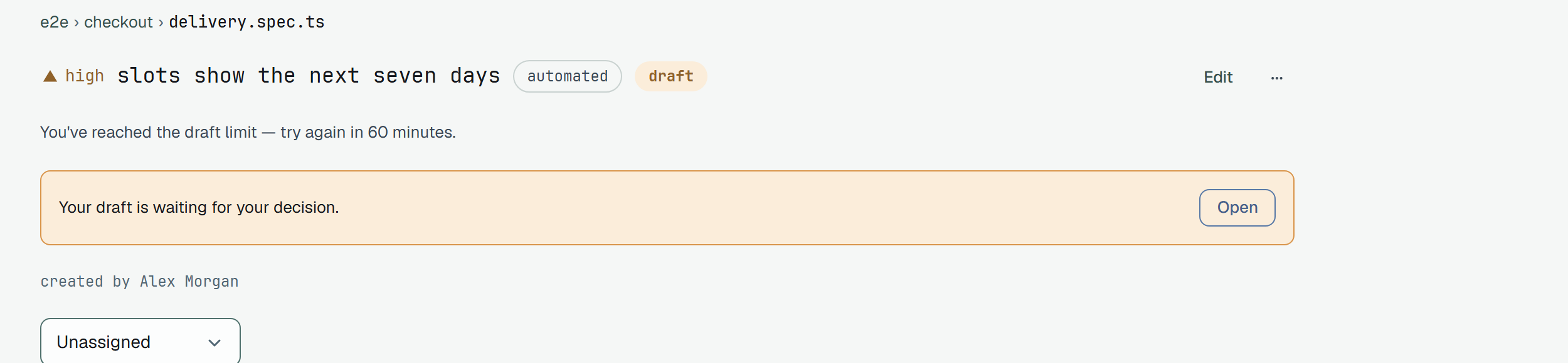 The head of the case page of slots show the next seven days after thirty requests in an hour: the line You've reached the draft limit — try again in 60 minutes. in place of the button, and under it the notice Your draft is waiting for your decision. with Open.