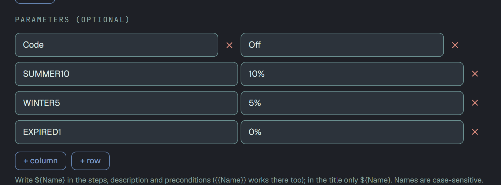 The Parameters (optional) table of the form: a header row with the names Code and Off, each with a red remove mark, then three rows of values, SUMMER10 and 10%, WINTER5 and 5%, EXPIRED1 and 0%; below them the buttons + column and + row and the hint that ${Name} is written in the steps, the description and the preconditions, and that names are case-sensitive.