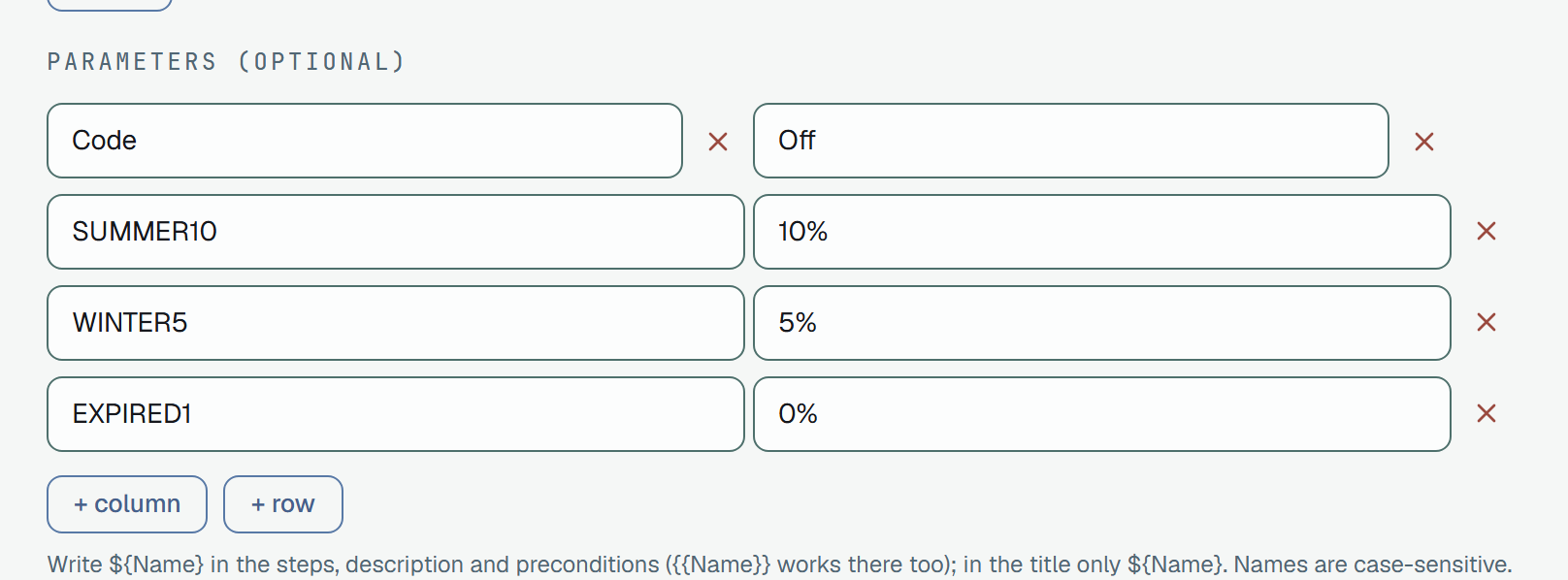 The Parameters (optional) table of the form: a header row with the names Code and Off, each with a red remove mark, then three rows of values, SUMMER10 and 10%, WINTER5 and 5%, EXPIRED1 and 0%; below them the buttons + column and + row and the hint that ${Name} is written in the steps, the description and the preconditions, and that names are case-sensitive.