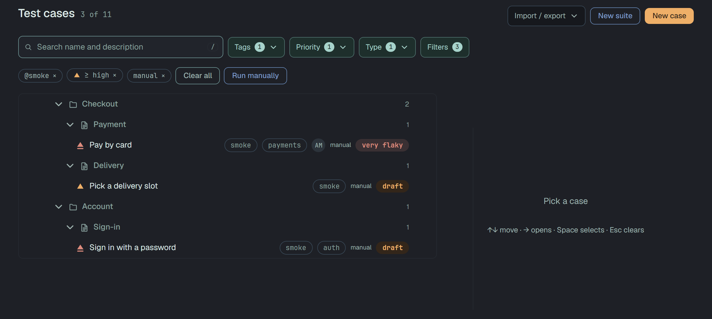 Test cases of Webshop, 3 of 11, opened from the link with type, priorityMin and tag in it: the search field and the buttons Tags 1, Priority 1, Type 1 and Filters 3; under them the chips @smoke, ≥ high and manual, Clear all and Run manually; then the tree narrowed to Checkout 2 with Payment 1 and Delivery 1 and Account 1 with Sign-in 1, holding Pay by card, Pick a delivery slot and Sign in with a password.