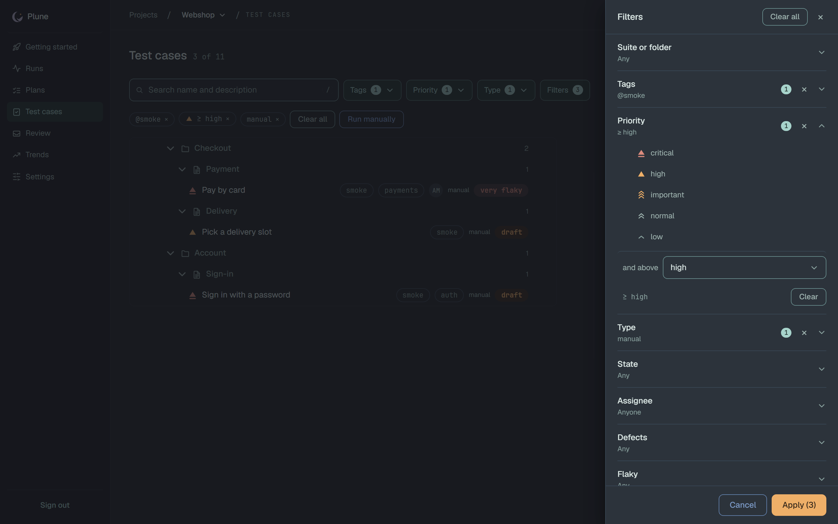 The Filters drawer over the dimmed list of Webshop: Clear all and a close button; the sections Suite or folder Any, Tags @smoke, Priority ≥ high open, Type manual, State Any, Assignee Anyone, Defects Any and Flaky; under Priority the five levels critical, high, important, normal and low, the line and above with high chosen, ≥ high with a Clear button; at the foot Cancel and Apply (3).