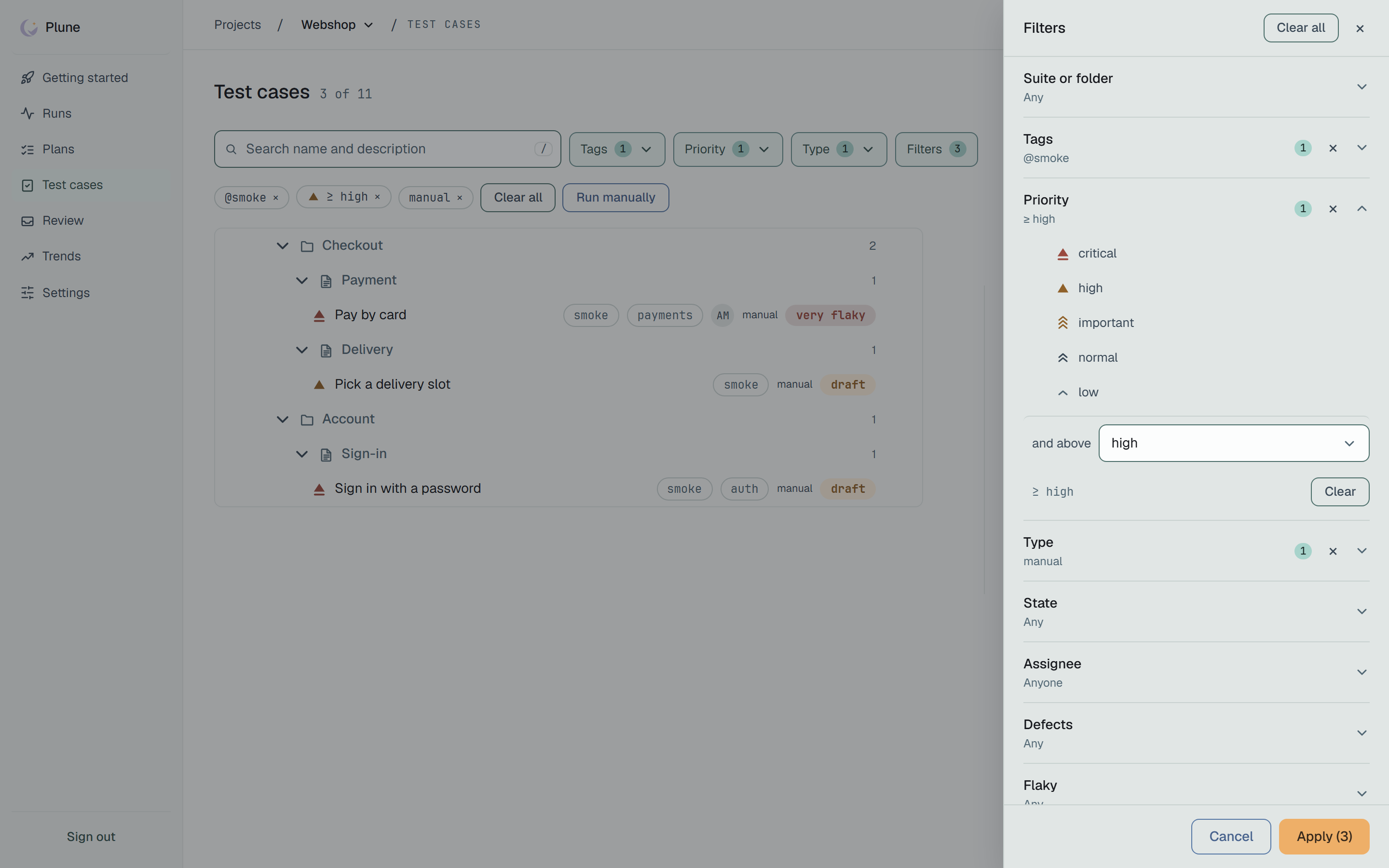 The Filters drawer over the dimmed list of Webshop: Clear all and a close button; the sections Suite or folder Any, Tags @smoke, Priority ≥ high open, Type manual, State Any, Assignee Anyone, Defects Any and Flaky; under Priority the five levels critical, high, important, normal and low, the line and above with high chosen, ≥ high with a Clear button; at the foot Cancel and Apply (3).