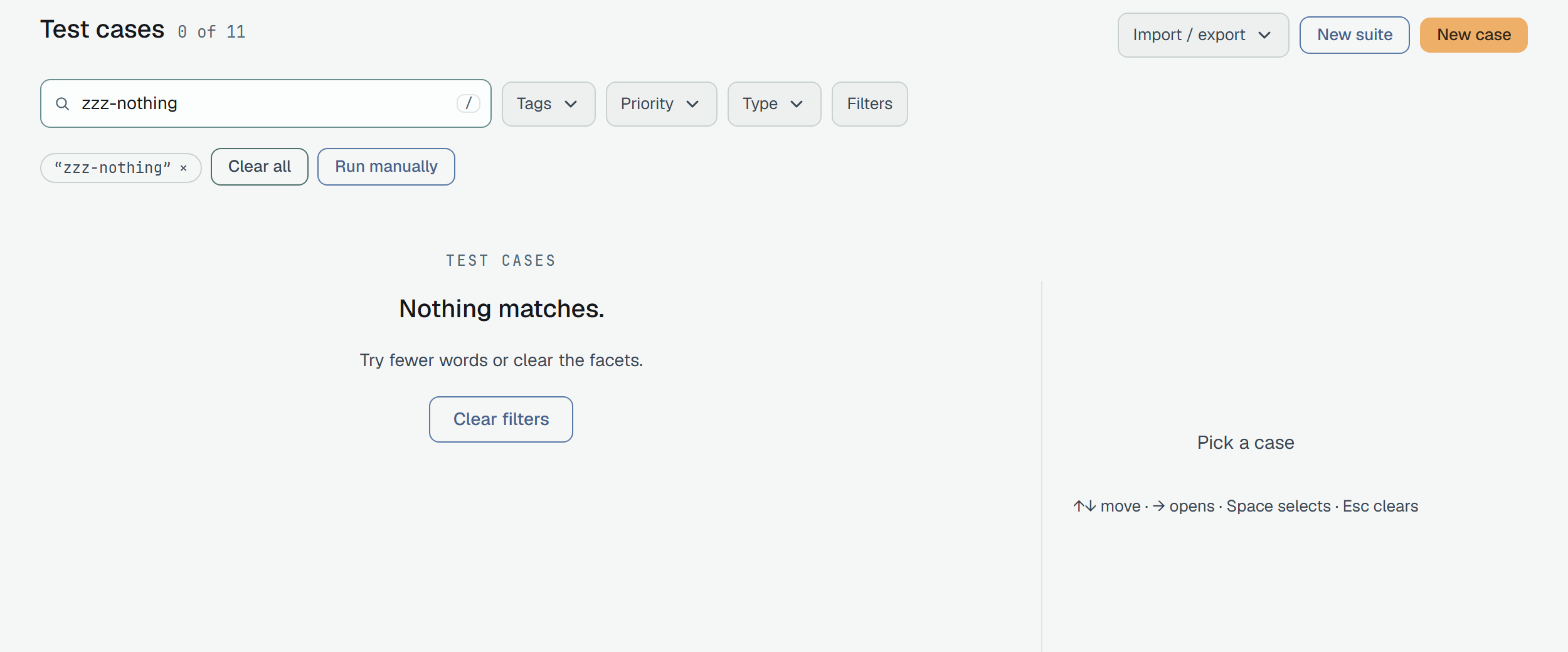 Test cases of Webshop, 0 of 11, with the search field holding zzz-nothing and a chip for it with Clear all and Run manually; below, TEST CASES, Nothing matches., Try fewer words or clear the facets. and a Clear filters button.