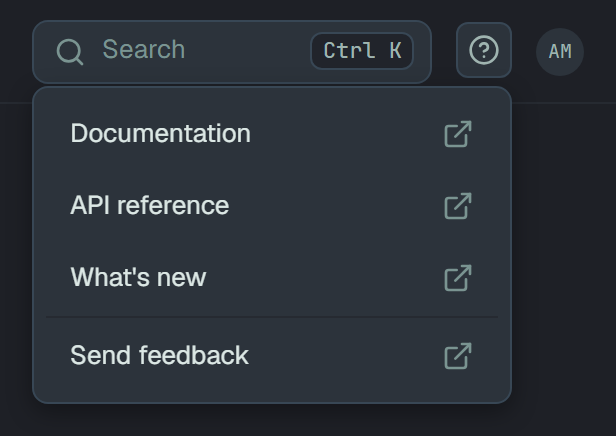 The help menu open under the help button, between Search and the avatar: Documentation, API reference, What's new and, below the line, Send feedback — each with the new-tab mark.