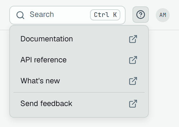 The help menu open under the help button, between Search and the avatar: Documentation, API reference, What's new and, below the line, Send feedback — each with the new-tab mark.