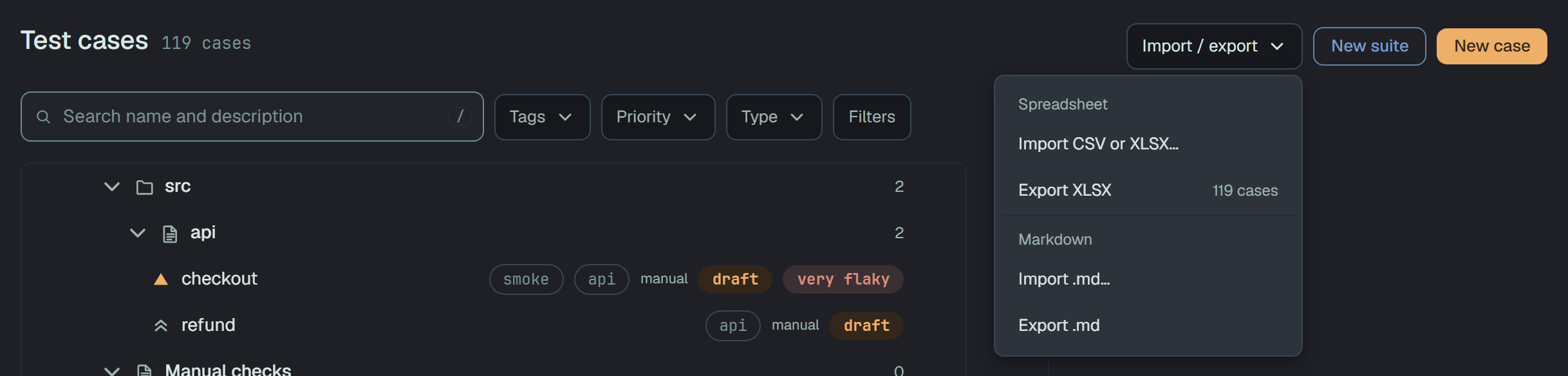 The head of Test cases, 119 cases, with Import / export open: under Spreadsheet, Import CSV or XLSX… and Export XLSX with 119 cases at its end; under Markdown, Import .md… and Export .md. New suite and New case beside it.