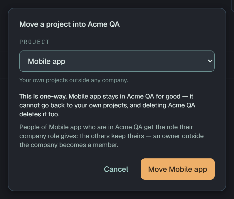 The Move a project into Acme QA dialog: Project — Mobile app, with the hint Your own projects outside any company.; This is one-way. Mobile app stays in Acme QA for good — it cannot go back to your own projects, and deleting Acme QA deletes it too.; People of Mobile app who are in Acme QA get the role their company role gives; the others keep theirs — an owner outside the company becomes a member.; Cancel and Move Mobile app.