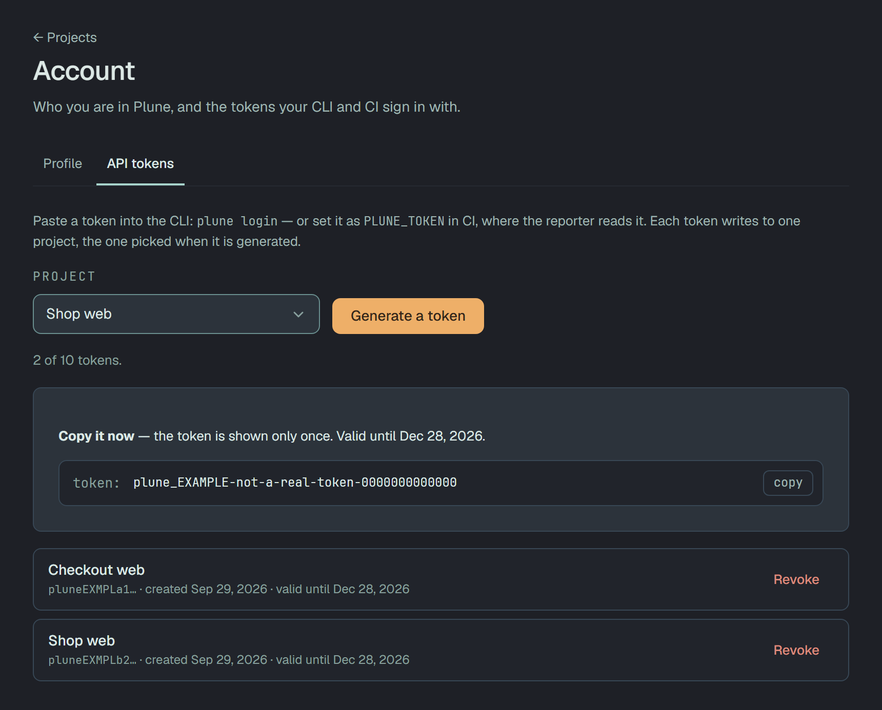 Account, API tokens: the Project select on Shop web beside Generate a token, and the new token's card — Copy it now, the token is shown only once — with a copy button.