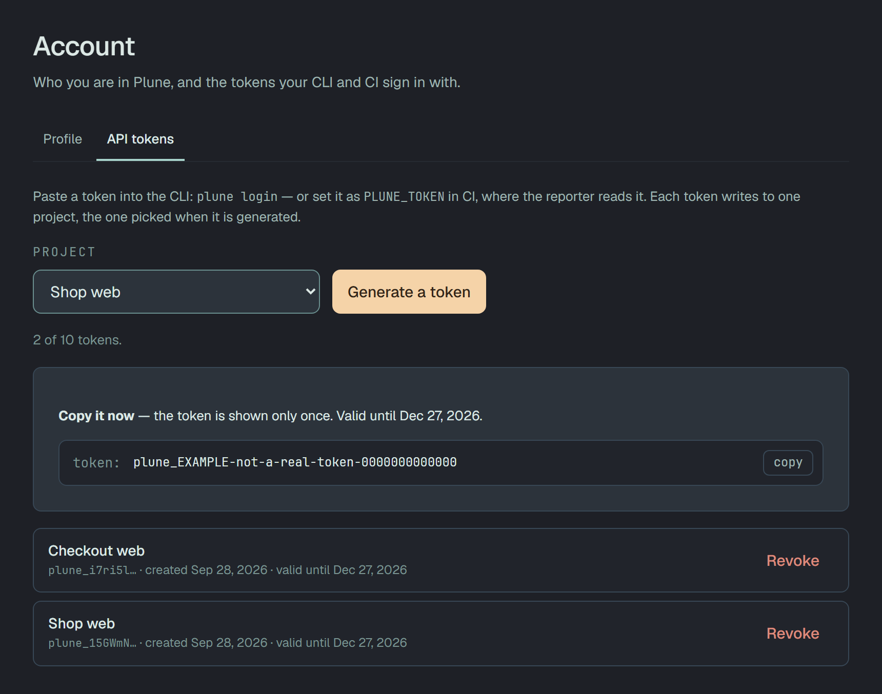 A new token's card: Copy it now — the token is shown only once — with the day it stops, the token itself and a copy button; the list of tokens below.