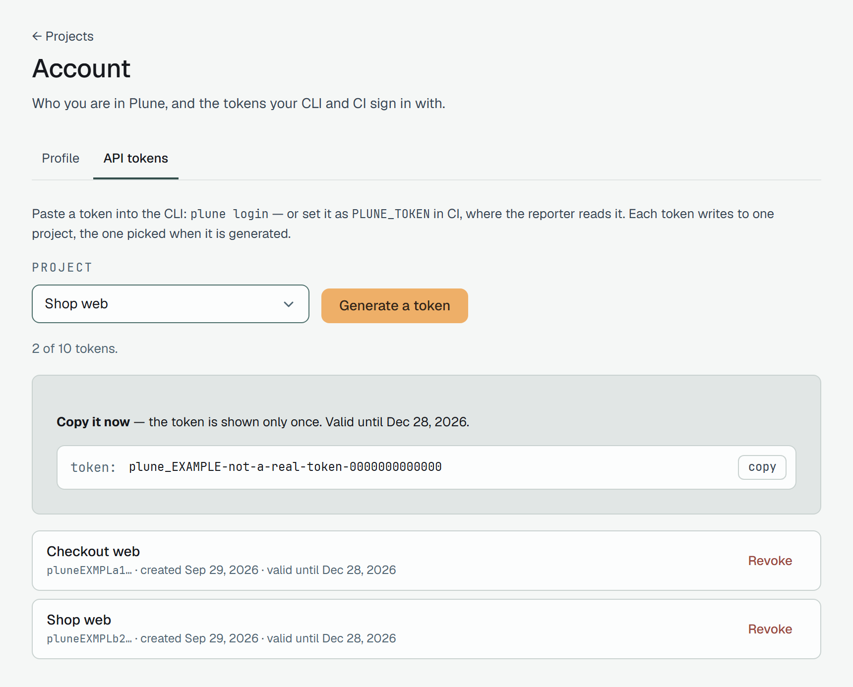 Account, API tokens: the Project select on Shop web beside Generate a token, and the new token's card — Copy it now, the token is shown only once — with a copy button.