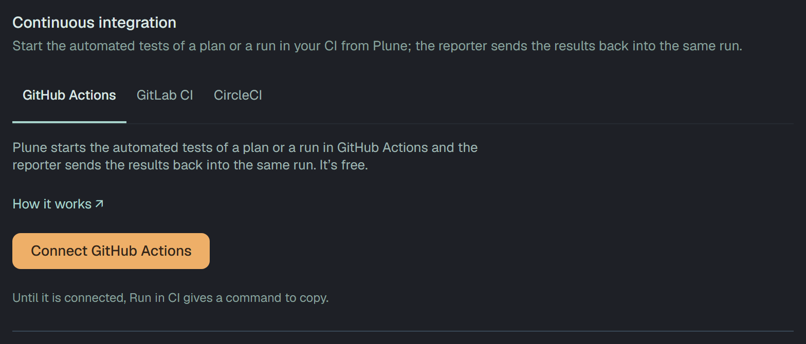 Settings → Integrations, the Continuous integration section: tabs GitHub Actions (chosen), GitLab CI and CircleCI; Plune starts the automated tests of a plan or a run in GitHub Actions and the reporter sends the results back into the same run. It’s free. — How it works, Connect GitHub Actions, and Until it is connected, Run in CI gives a command to copy.