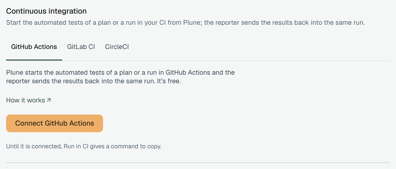 Settings → Integrations, the Continuous integration section: tabs GitHub Actions (chosen), GitLab CI and CircleCI; Plune starts the automated tests of a plan or a run in GitHub Actions and the reporter sends the results back into the same run. It’s free. — How it works, Connect GitHub Actions, and Until it is connected, Run in CI gives a command to copy.