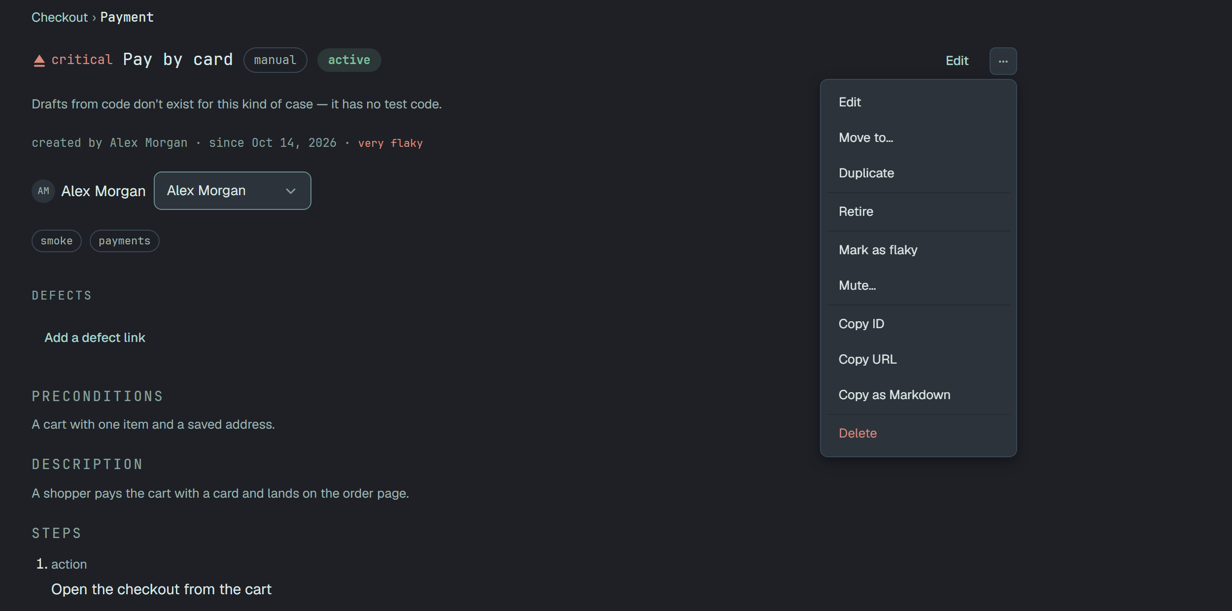 The head of the case page of Pay by card with the ⋯ menu open: Edit, Move to…, Duplicate, Retire, Mark as flaky, Mute…, Copy ID, Copy URL, Copy as Markdown and Delete in red.
