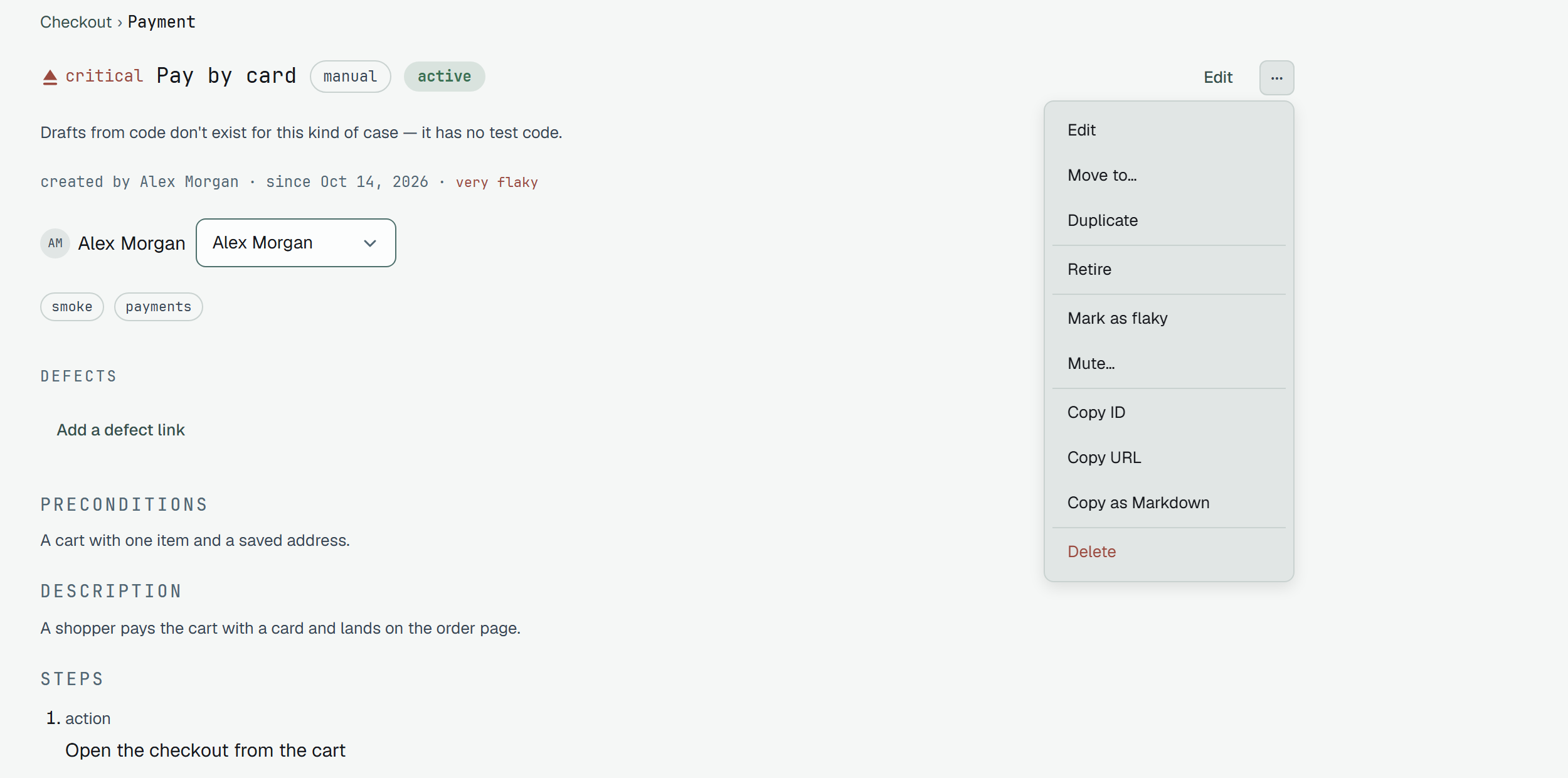 The head of the case page of Pay by card with the ⋯ menu open: Edit, Move to…, Duplicate, Retire, Mark as flaky, Mute…, Copy ID, Copy URL, Copy as Markdown and Delete in red.