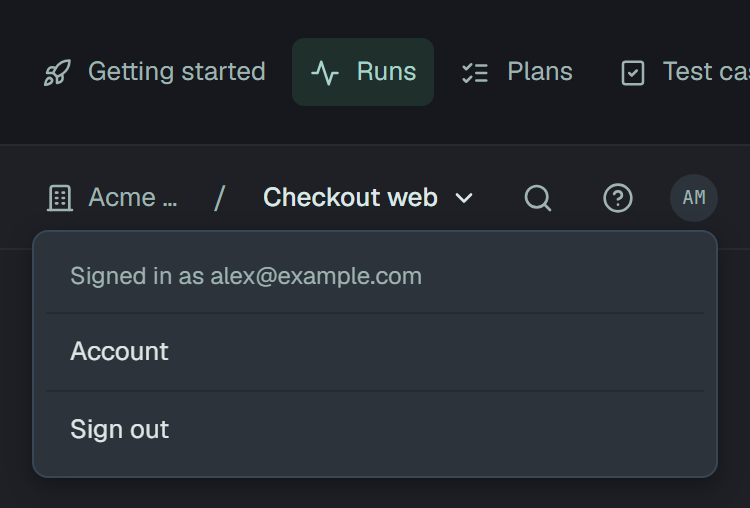The account menu on a phone, open under the bar across the width of the screen: Signed in as alex@example.com, Account, Sign out.