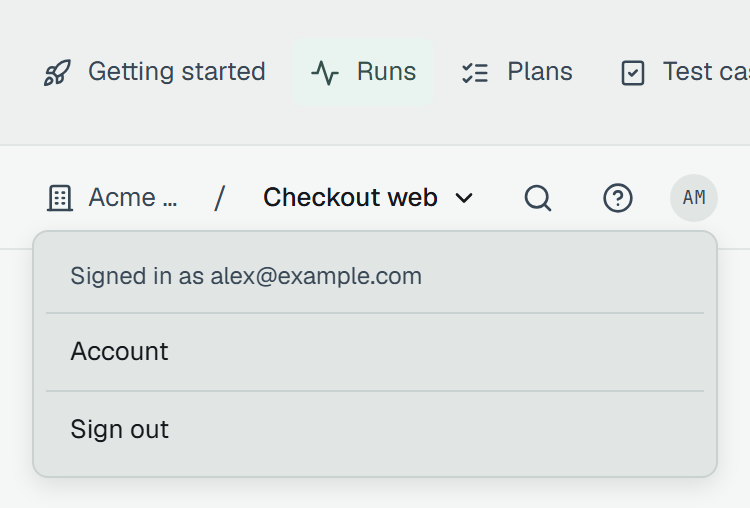 The account menu on a phone, open under the bar across the width of the screen: Signed in as alex@example.com, Account, Sign out.