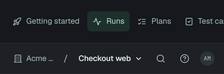 The dashboard on a phone: the sections Getting started, Runs, Plans and Test cases as a row at the top, and under it the bar on one line with the building and Acme QA cut short with «…», Checkout web, then the search, help and account buttons.