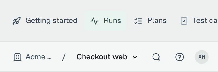 The dashboard on a phone: the sections Getting started, Runs, Plans and Test cases as a row at the top, and under it the bar on one line with the building and Acme QA cut short with «…», Checkout web, then the search, help and account buttons.