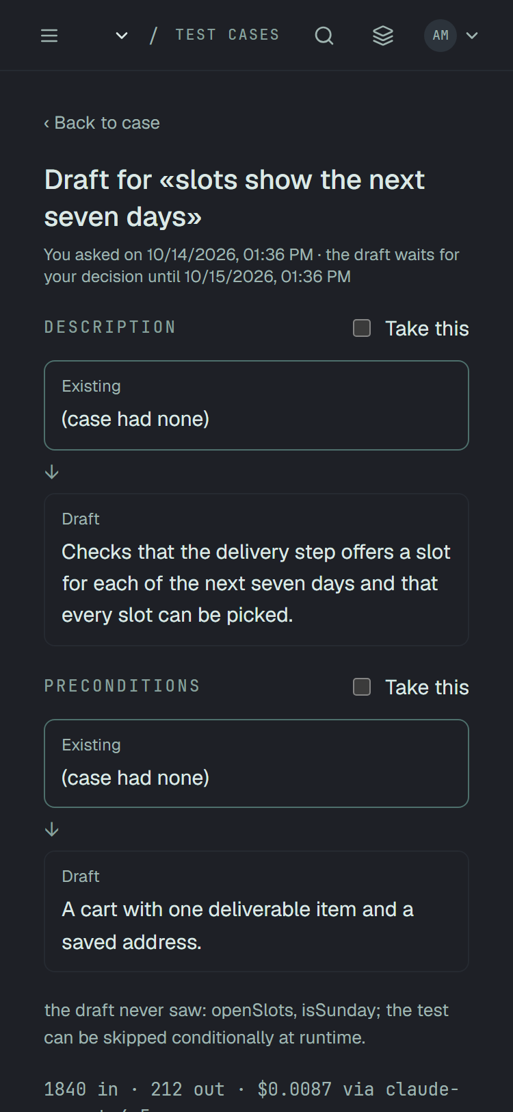 The draft page at 375 px wide: Back to case, the heading Draft for «slots show the next seven days», the line about when it was asked and until when it waits; Description with Take this unticked, Existing (case had none), an arrow and the Draft; Preconditions the same way; then the unseen line and the start of the price line.