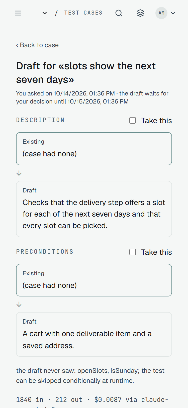 The draft page at 375 px wide: Back to case, the heading Draft for «slots show the next seven days», the line about when it was asked and until when it waits; Description with Take this unticked, Existing (case had none), an arrow and the Draft; Preconditions the same way; then the unseen line and the start of the price line.