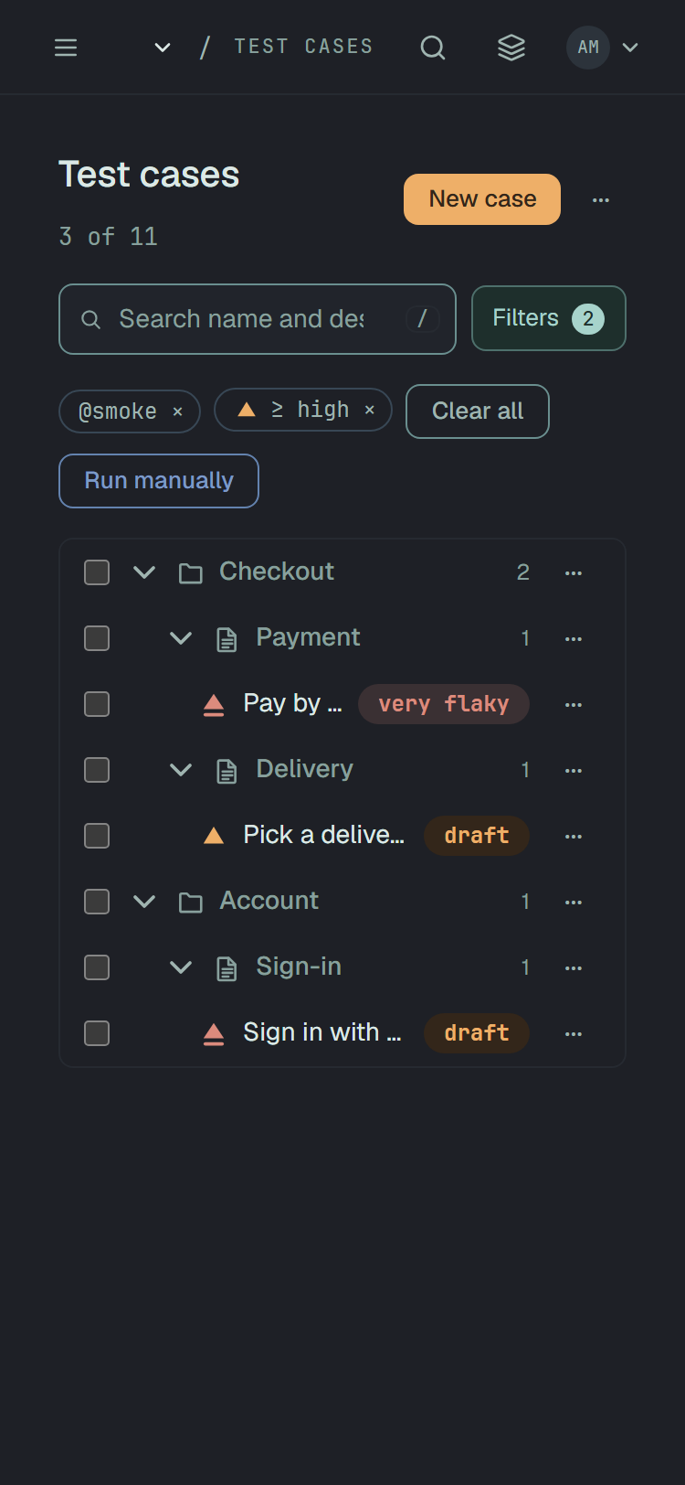 Test cases at 375 px wide with 3 of 11: the search field and Filters 2, the chips @smoke and ≥ high with Clear all and Run manually under them, and the tree with the folders Checkout and Account and the cases Pay by …, Pick a delive… and Sign in with ….