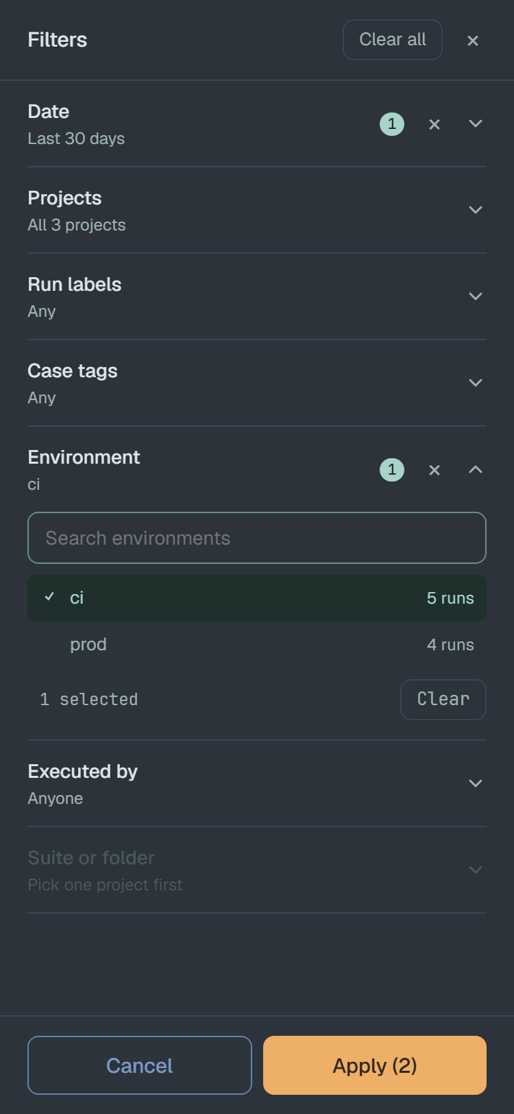 The Filters drawer on a phone, across the whole screen: the same sections, Environment open with ci ticked, and Cancel and Apply (2) at the foot.