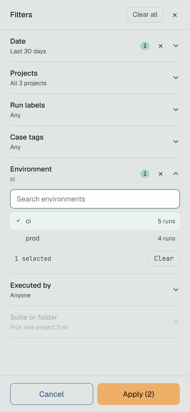 The Filters drawer on a phone, across the whole screen: the same sections, Environment open with ci ticked, and Cancel and Apply (2) at the foot.