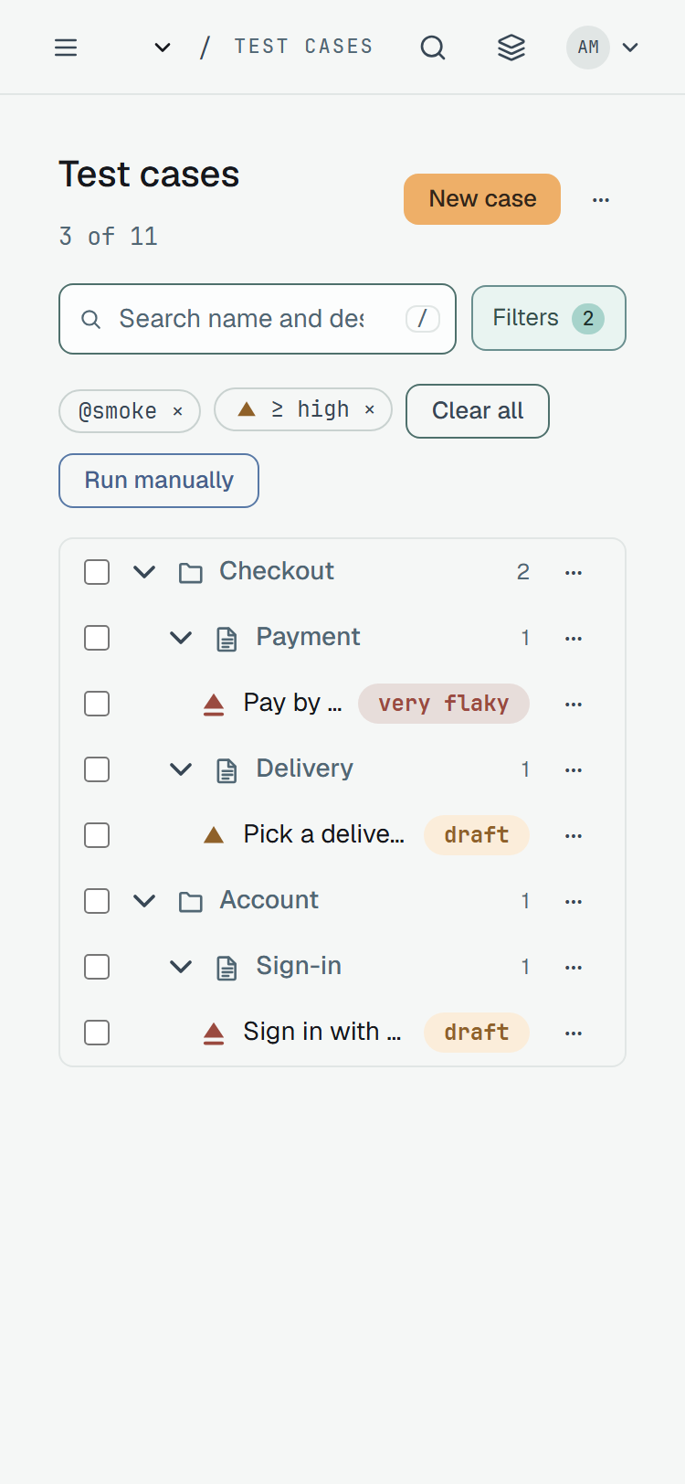 Test cases at 375 px wide with 3 of 11: the search field and Filters 2, the chips @smoke and ≥ high with Clear all and Run manually under them, and the tree with the folders Checkout and Account and the cases Pay by …, Pick a delive… and Sign in with ….
