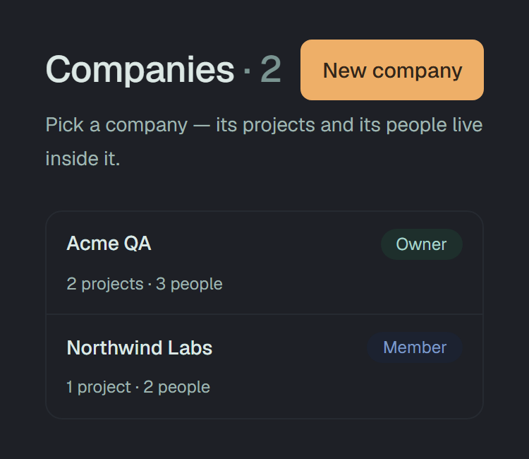 Companies on a phone: Companies · 2 and New company; Acme QA, Owner, 2 projects · 3 people; Northwind Labs, Member, 1 project · 2 people.
