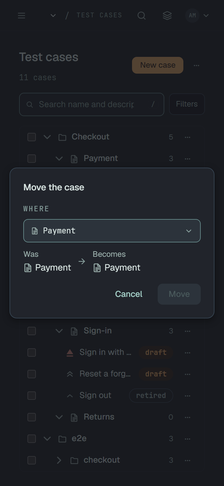 The Move the case dialog over the tree at 375 px wide: Where with the suite Payment chosen, Was Payment, Becomes Payment, and the buttons Cancel and Move, Move greyed until another place is chosen.
