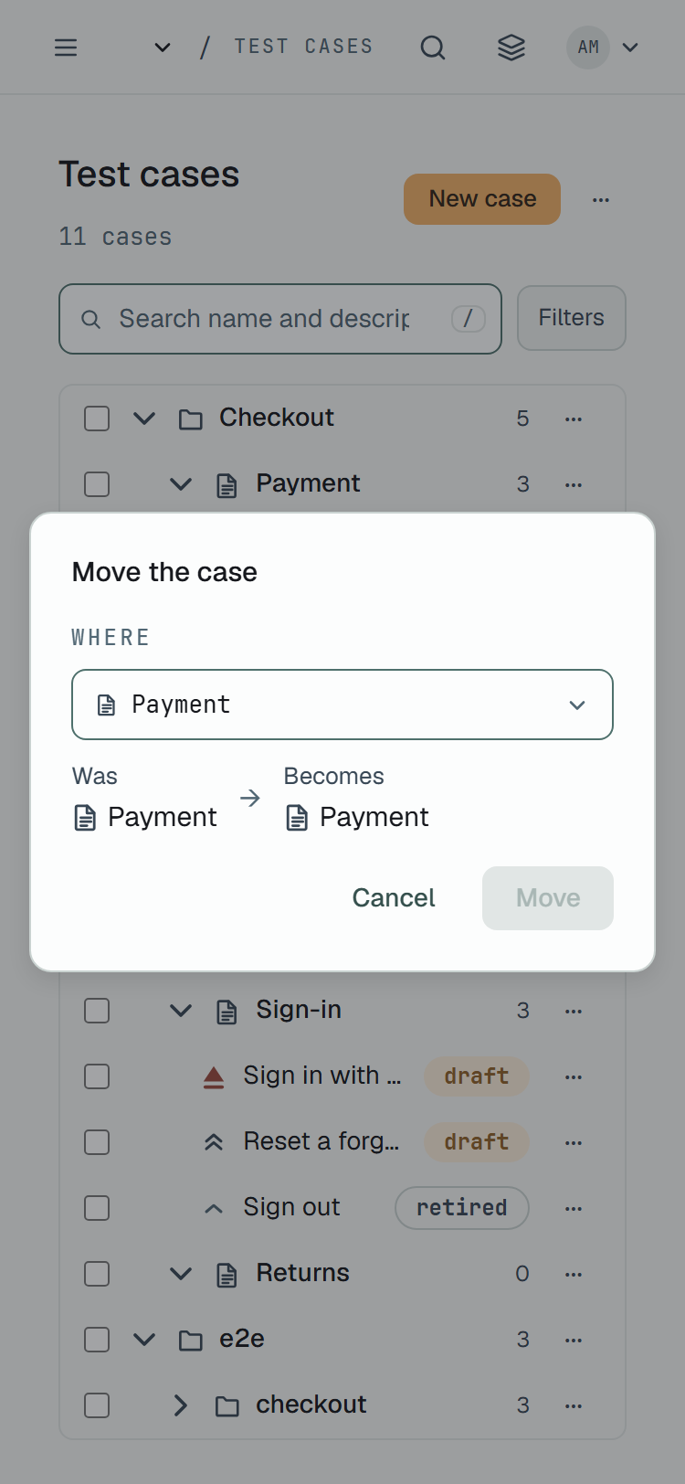The Move the case dialog over the tree at 375 px wide: Where with the suite Payment chosen, Was Payment, Becomes Payment, and the buttons Cancel and Move, Move greyed until another place is chosen.