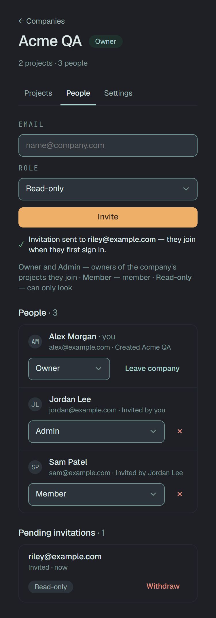 Acme QA's People tab on a phone: Email, Role on Read-only and a full-width Invite, one under another; the sent line and the roles line; Alex Morgan, Jordan Lee and Sam Patel, each with the role list under the name; Pending invitations with riley@example.com, Read-only, Withdraw.