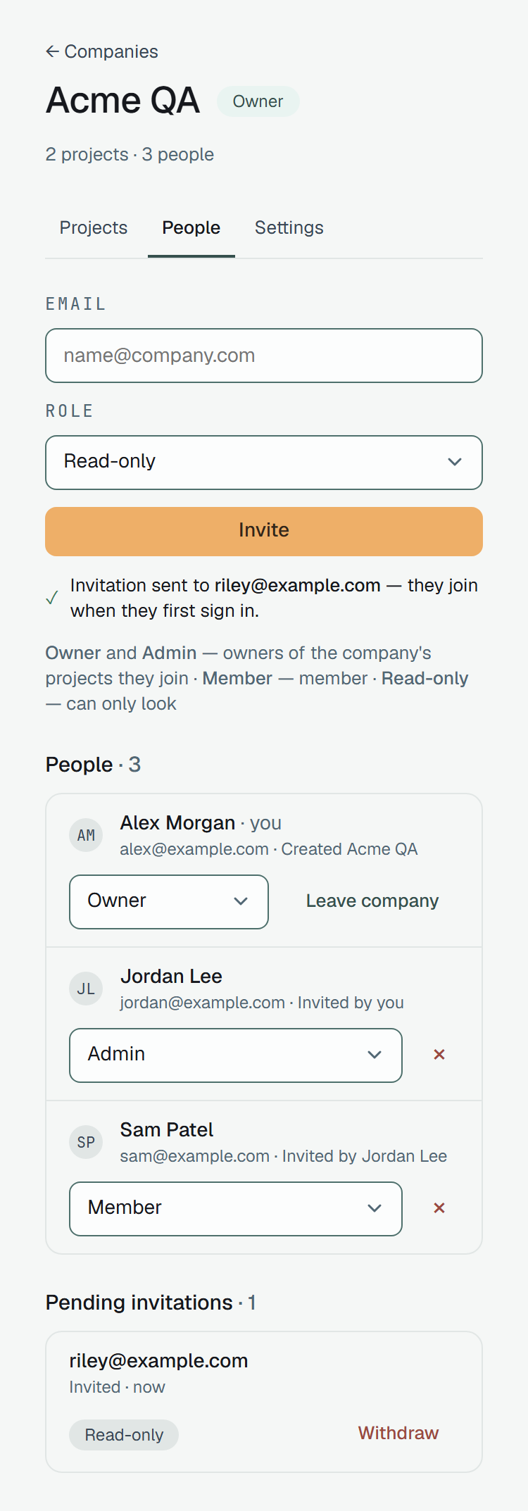 Acme QA's People tab on a phone: Email, Role on Read-only and a full-width Invite, one under another; the sent line and the roles line; Alex Morgan, Jordan Lee and Sam Patel, each with the role list under the name; Pending invitations with riley@example.com, Read-only, Withdraw.