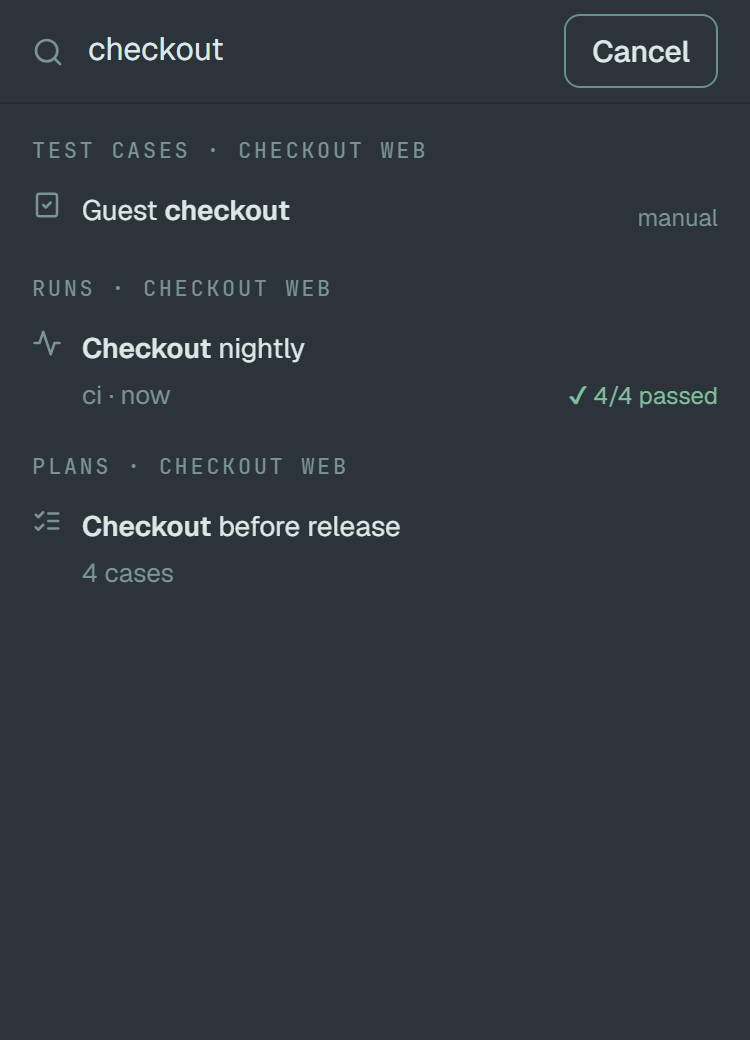 Search on a phone, full screen, with checkout typed and Cancel beside the field: Guest checkout under Test cases, Checkout nightly with 4/4 passed under Runs, Checkout before release with 4 cases under Plans.