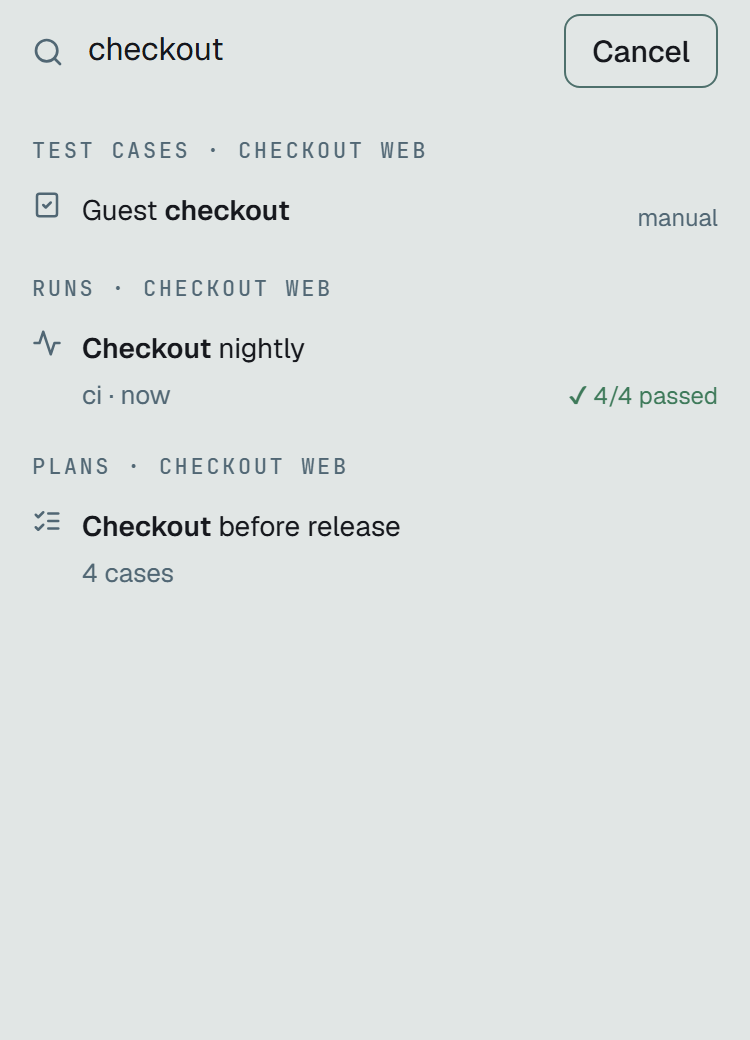 Search on a phone, full screen, with checkout typed and Cancel beside the field: Guest checkout under Test cases, Checkout nightly with 4/4 passed under Runs, Checkout before release with 4 cases under Plans.