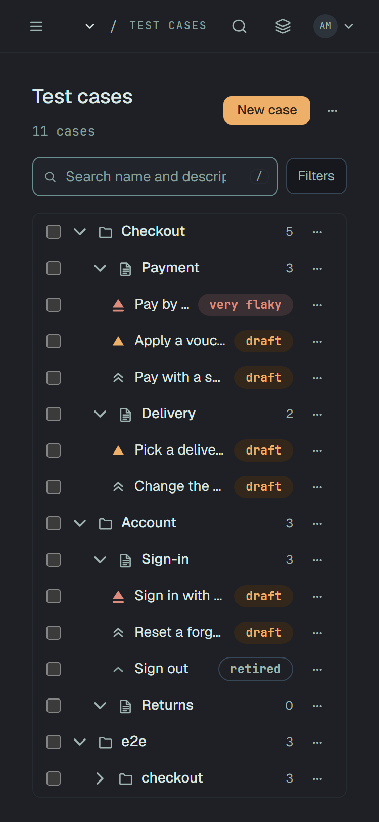 The tree of Test cases at 375 px wide: the head with New case and ⋯, the search field and Filters, then every row with a checkbox, the folders Checkout, Account and e2e, the suites with their counts, and the cases with shortened names such as Pay by …, a very flaky or draft badge and a ⋯ at the right.