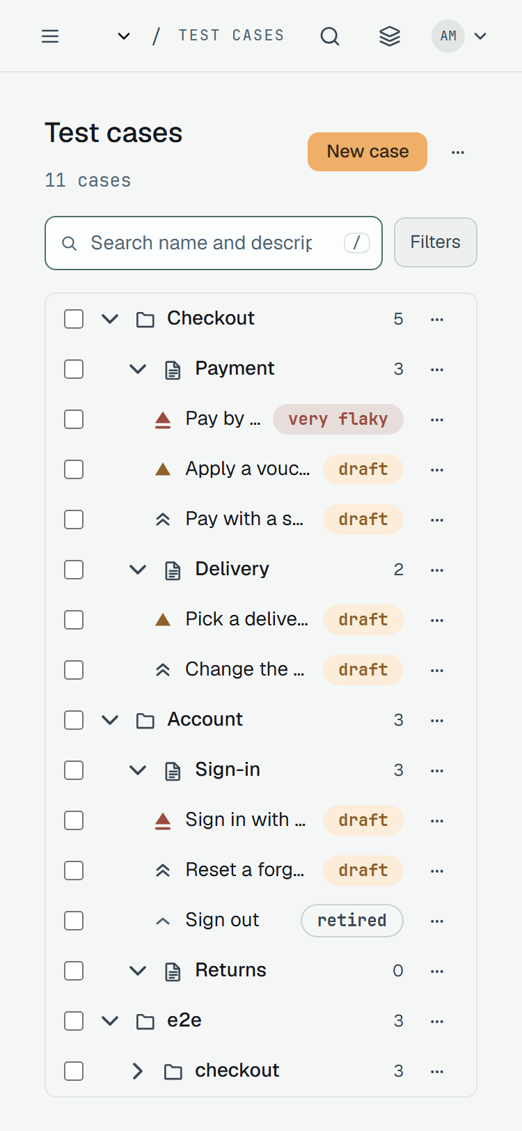 The tree of Test cases at 375 px wide: the head with New case and ⋯, the search field and Filters, then every row with a checkbox, the folders Checkout, Account and e2e, the suites with their counts, and the cases with shortened names such as Pay by …, a very flaky or draft badge and a ⋯ at the right.