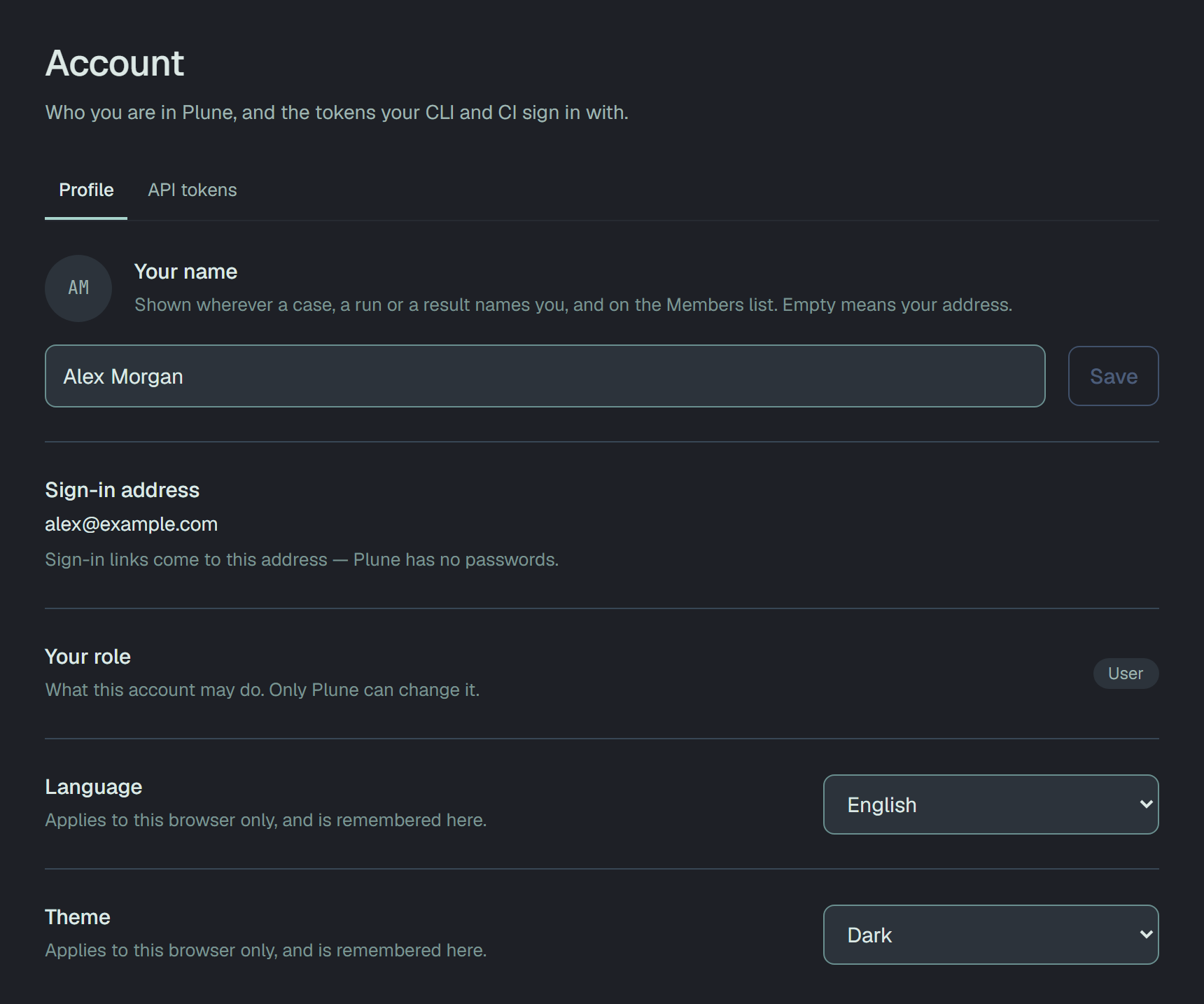 The Profile tab: the name Alex Morgan beside the initials AM with a Save button, the sign-in address alex@example.com, the role User, and the Language and Theme selects.